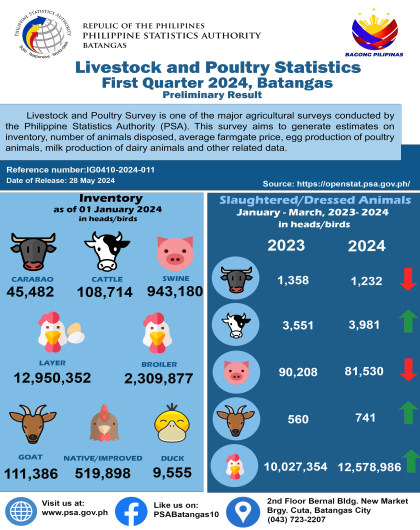 Livestock and Poultry survey is one of the major agricultural surveys conducted by the Philippine Statistics Authority (PSA). This survey aims to generate estimates on inventory, number of animals disposed, average farmgate price, egg production of poultry animals, milk production of dairy animals and other related data. 